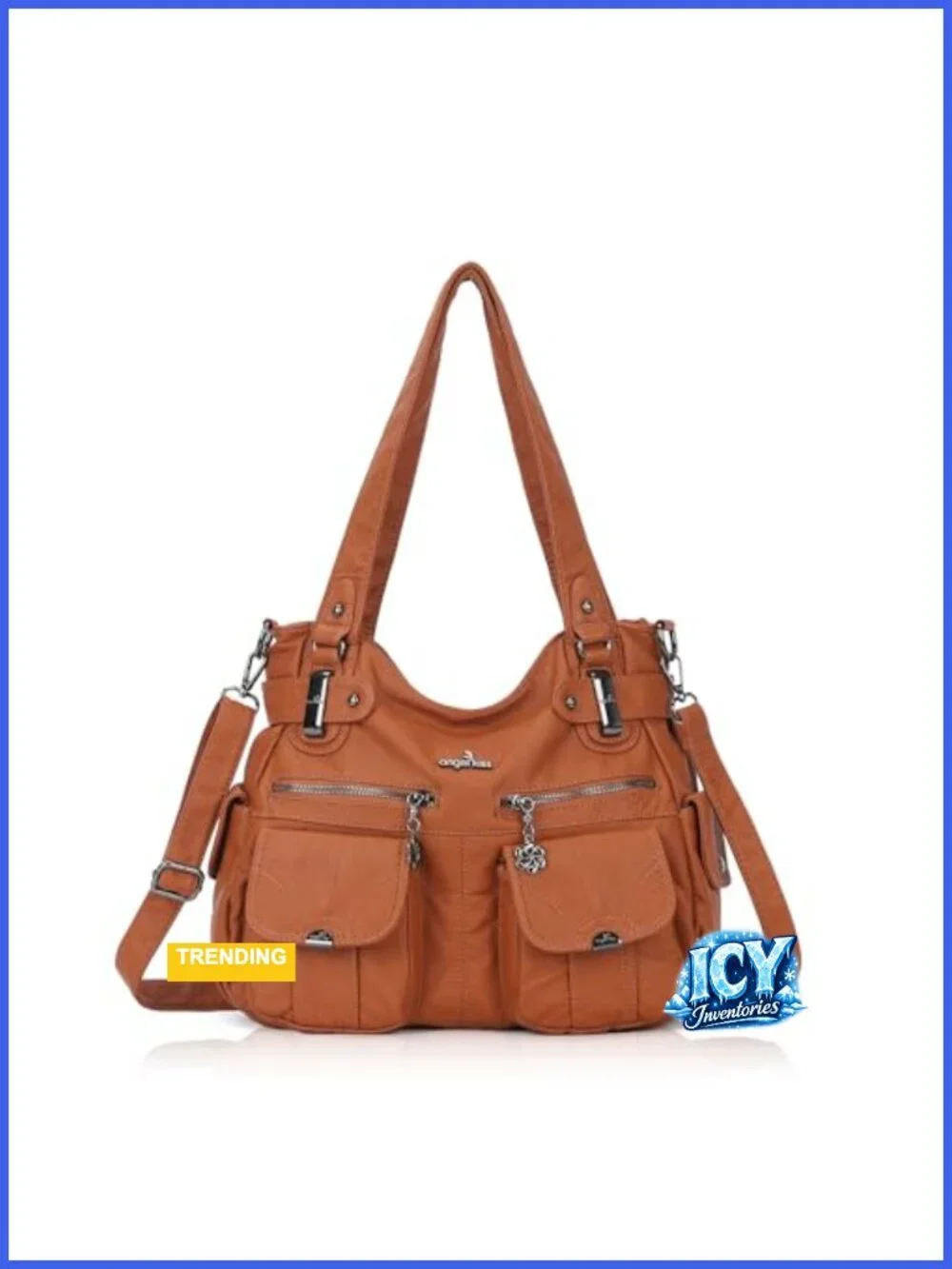 Large Washed PU Leather Hobo Shoulder Bag Double Zipper Multi Pocket